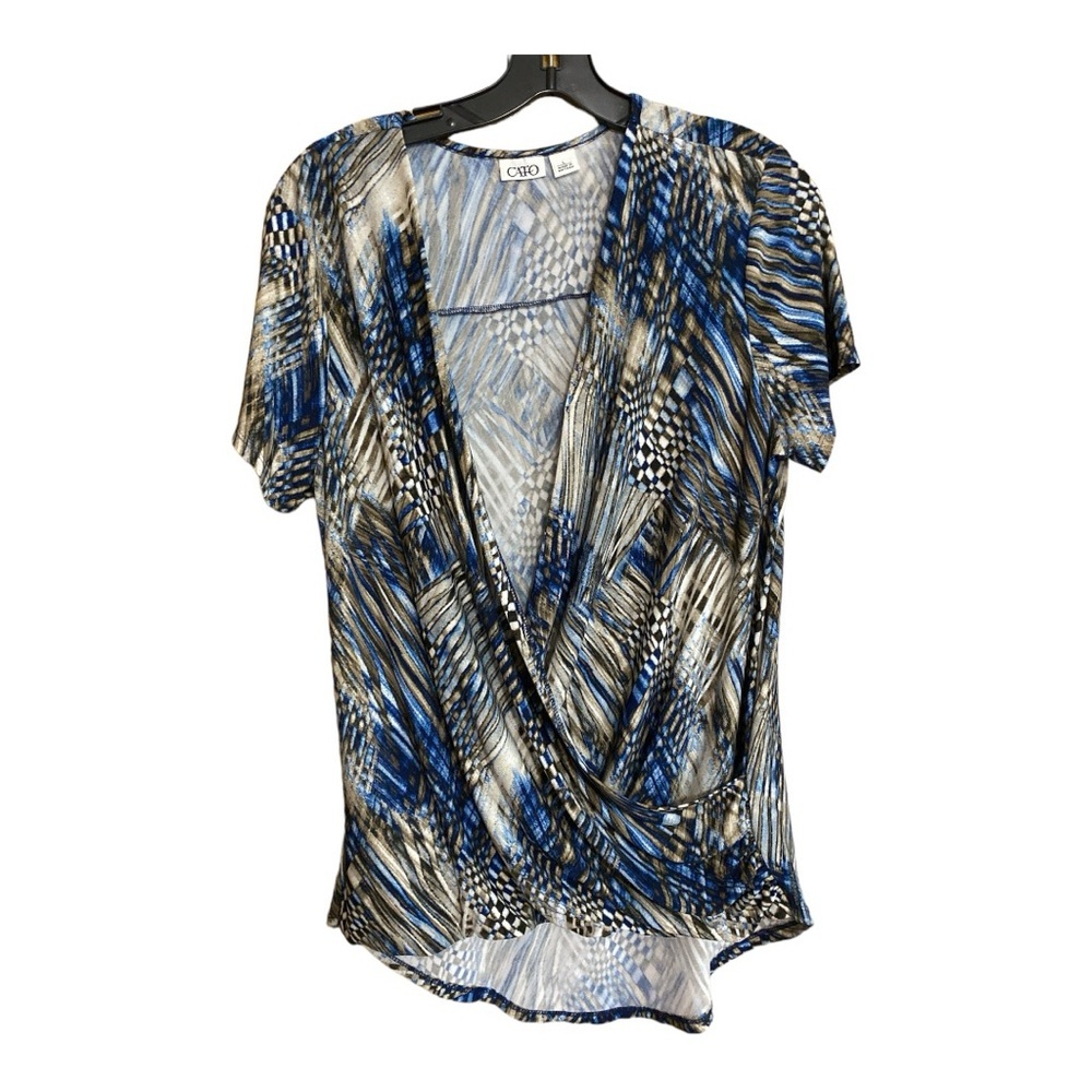 Cato wrap blouse poly spandex blue brown white short sleeve, checked str…